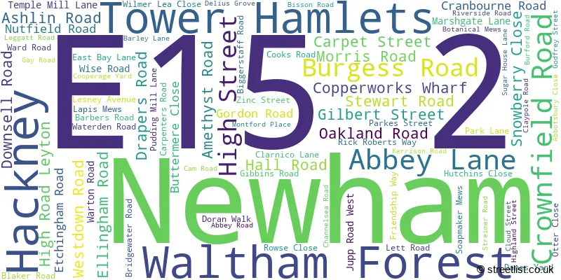 A word cloud for the E15 2 postcode